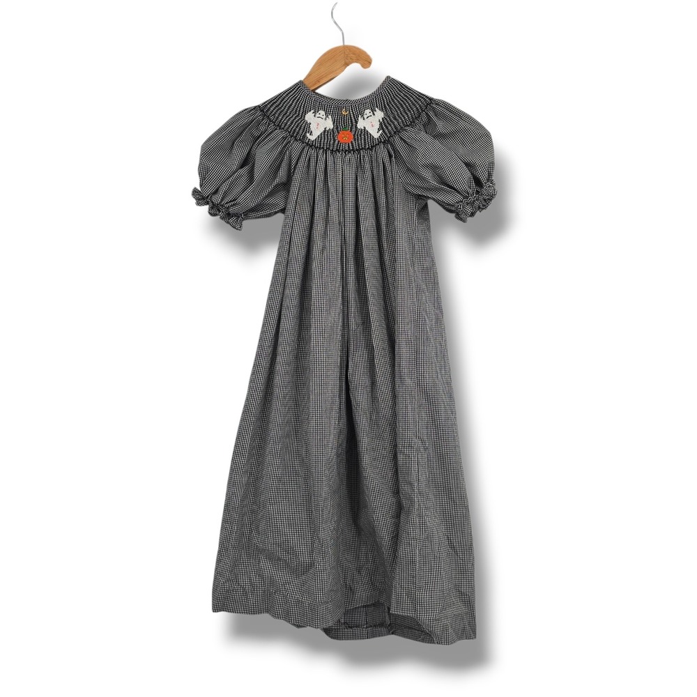 Mom & Me Girls Halloween Ghost Pumpkin Smocked Gingham Bishop Dress Black White